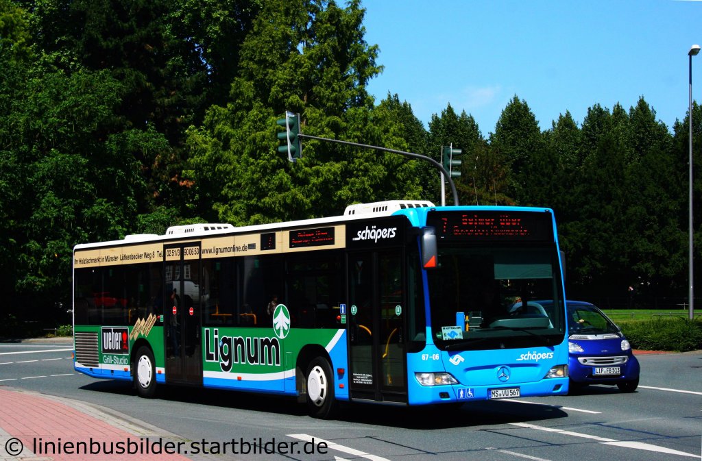 Schpers 67-06 (MS VU 567).
Der Bus wirbt fr Lignum.
Aufgenommen auf der Schorlemerstr. in Mnster, 5.7.2011.