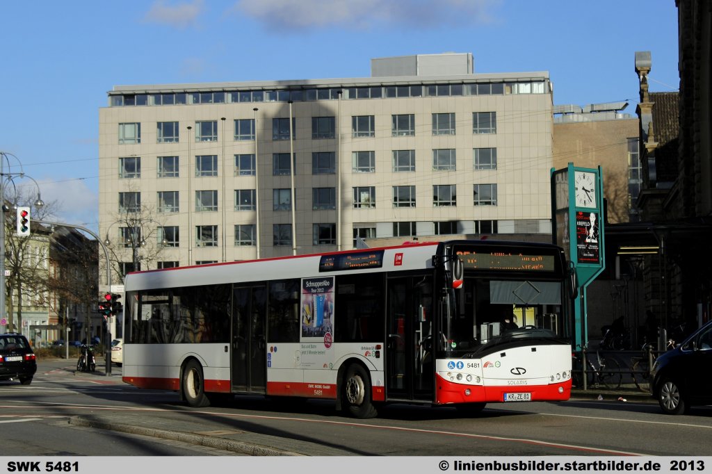 SWK 5481.
Die SWK hat jetzt auch Busse des Herstellers Solaris im Fuhrpark aufgenommen.
es gibt 3 Solobusse mit den Nummern 5480-5482.